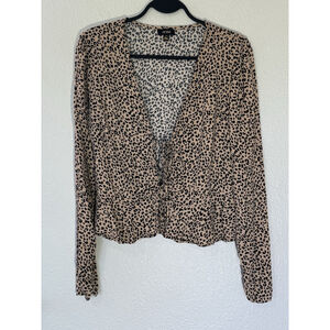Animal Print Tie Front Blouse Large Long Sleeve Leopard Top Fall Layering
